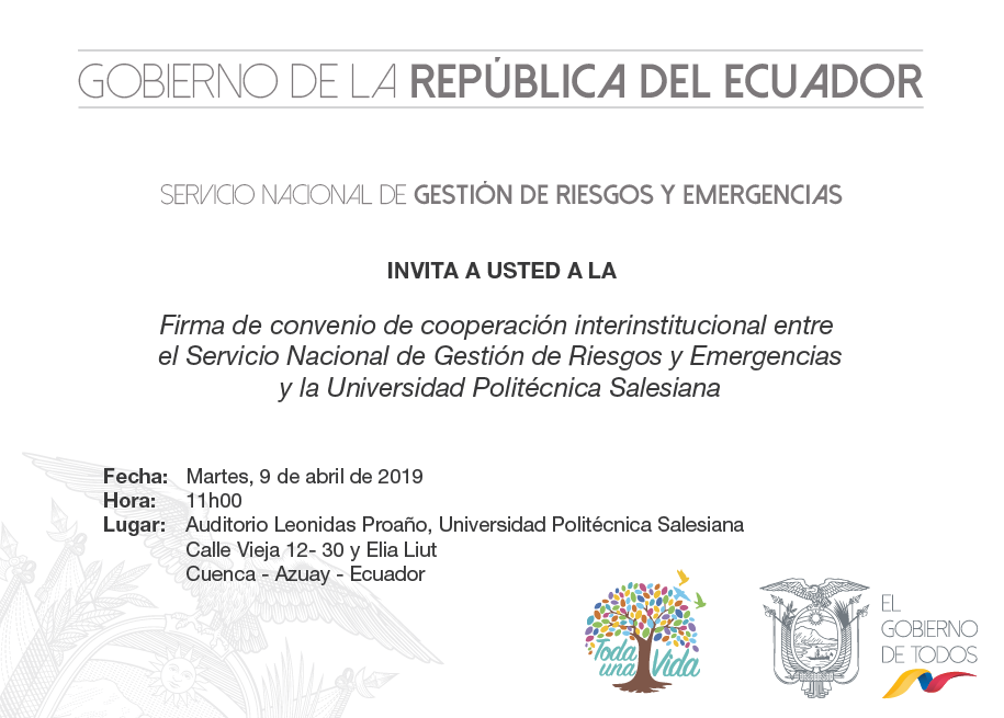 Firma de convenio de cooperación interinstitucional entre el SNGRE y la UPS  – Secretaría de Gestión de Riesgos